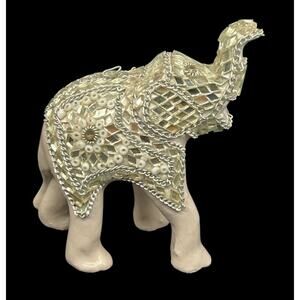 Vintage Unique Elephant Ceramic Silver Mirror Glass Beads Chain Ornament 3.75"